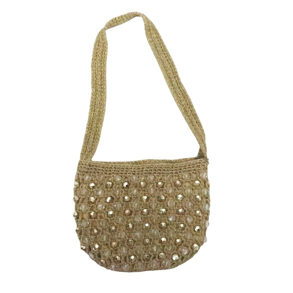 Vintage 60s Walborg Gold Metallic Crochet Knit Beaded Shoulder Bag Purse